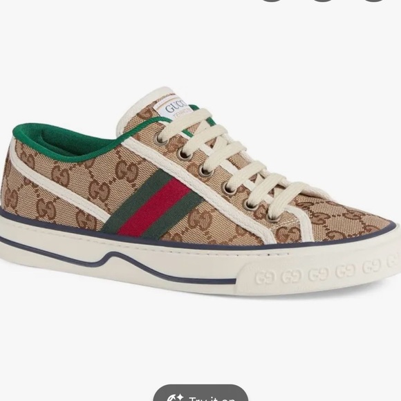 Gucci Shoes - Gucci Brown Beige GG Canvas Low-Top Sneaker with Green and Red Web